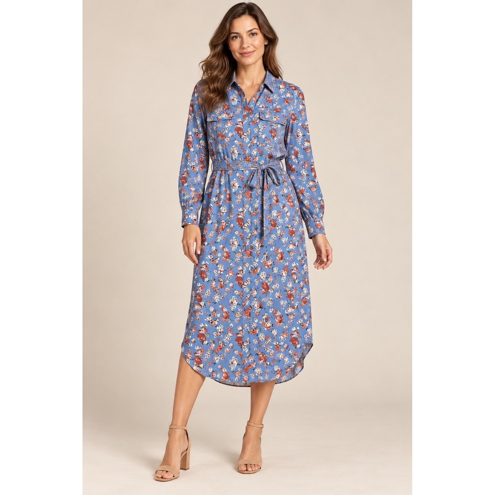 Lucky Brand Women's M Blue Floral Button Front Belted Maxi Shirt Dress Boho NWOT